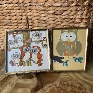 Owls Artwork and Vtg Napkin: Framed